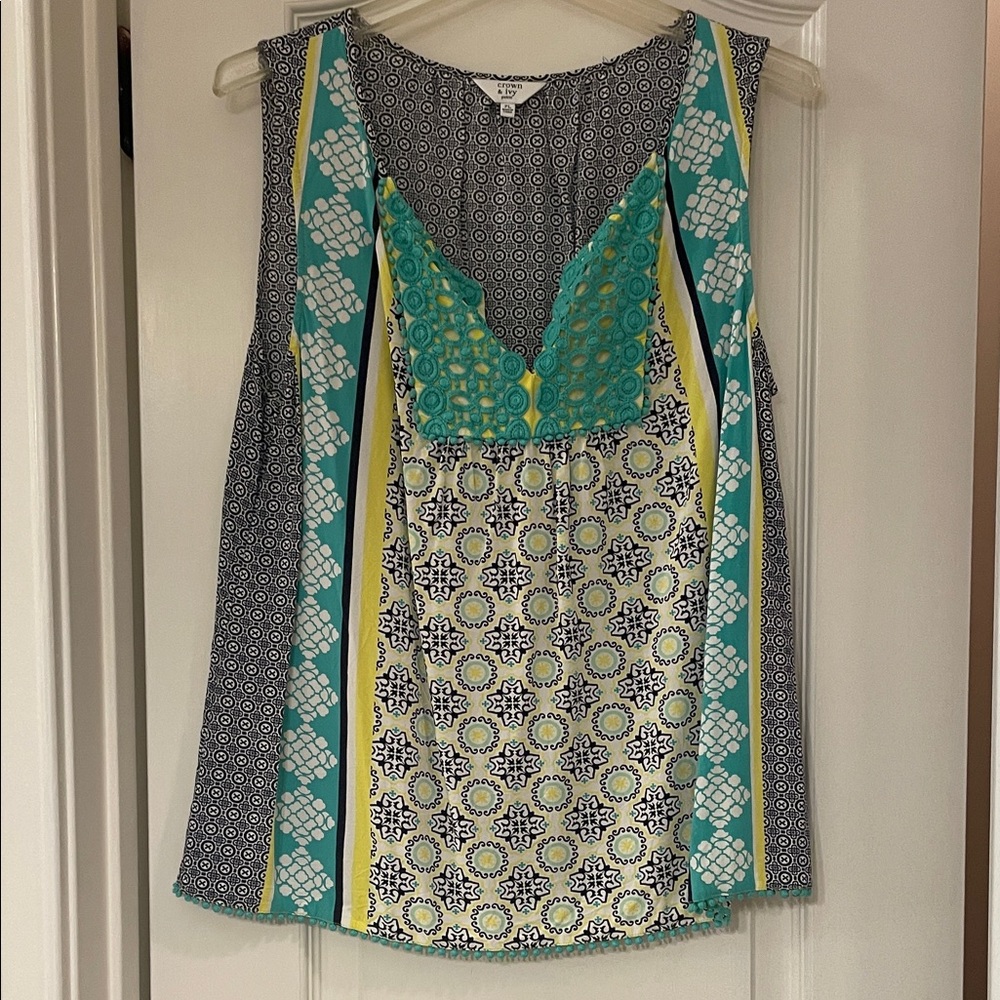 Crown & Ivy Blue and Yellow Patterned Tank Top